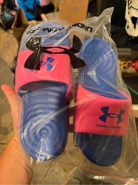 Under Armour Blue Footbed with Pink Strap Slides